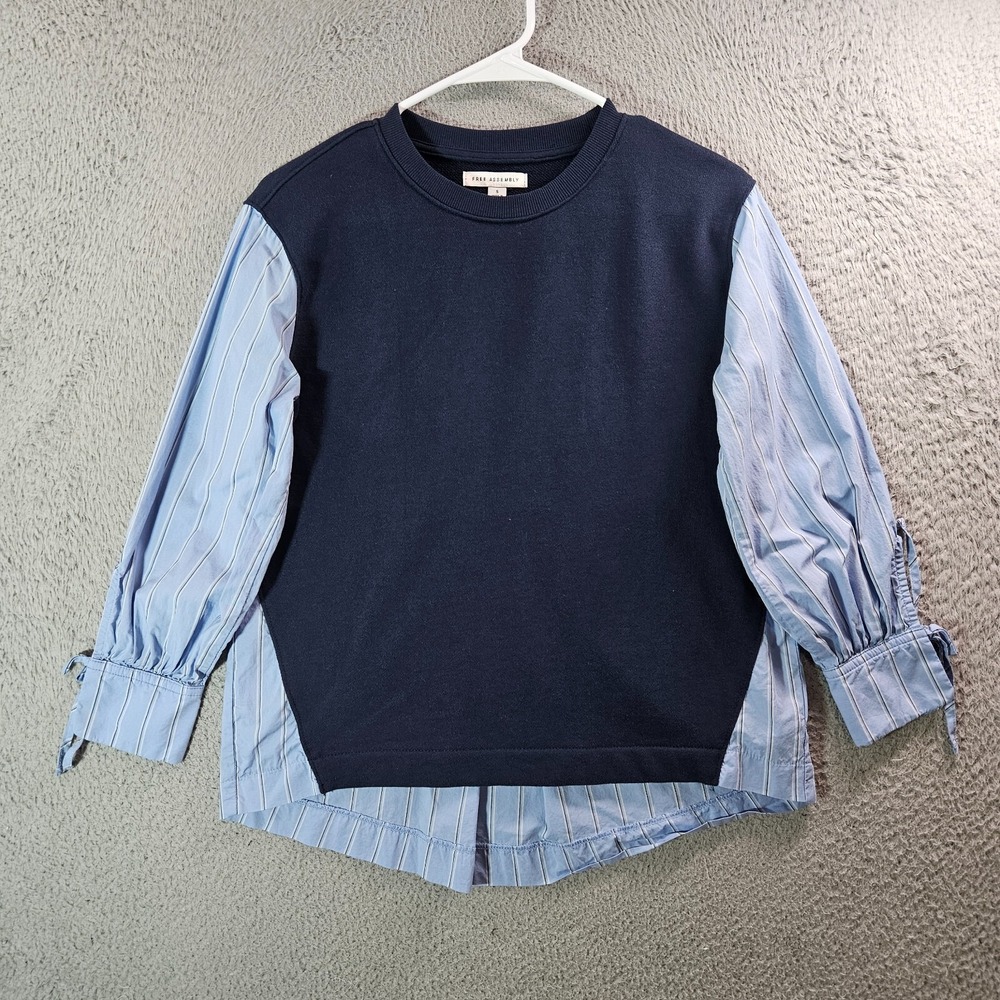 Free Assembly Top Women Small Body and Sleeve Contrast Look Blue Preppy